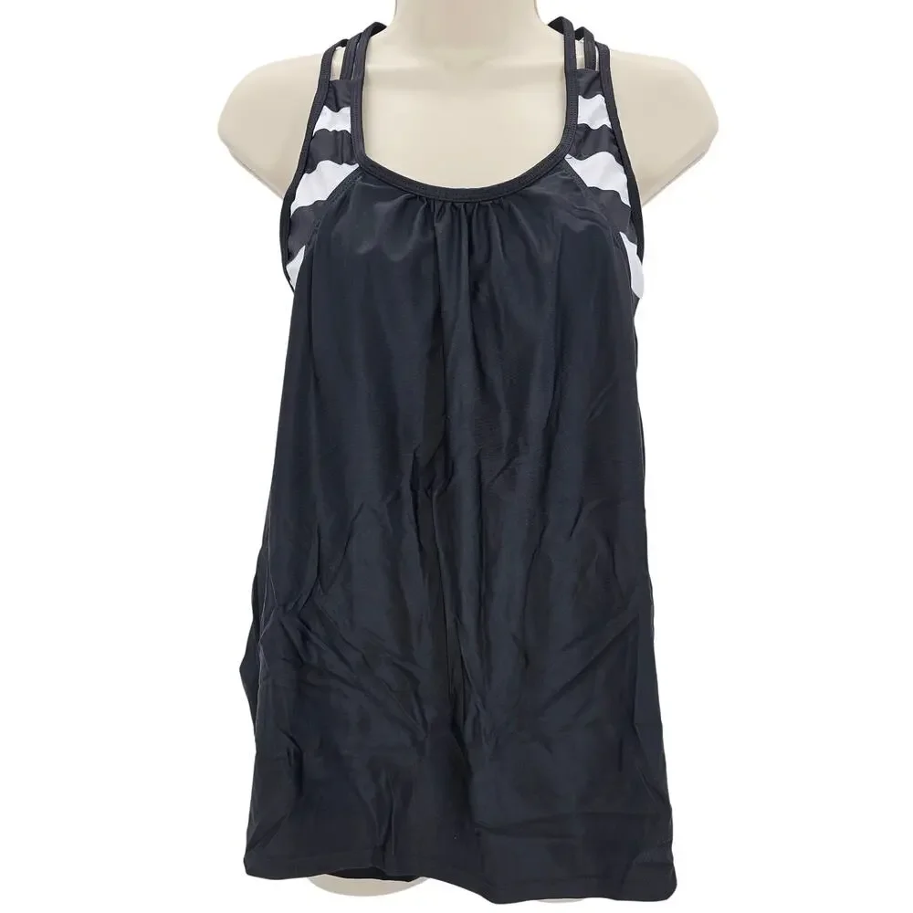 Zando Womans size M 2 Piece Tankini Boyshorts Swimsuit Stripe Black NWOT
